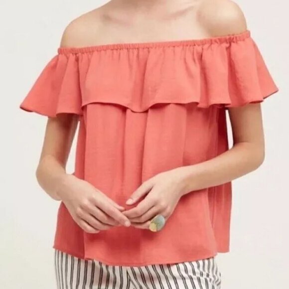 Anthropologie Tops - Anthropologie Maeve Off the Shoulder Short Sleeve Coral Pink Blouse Top Small